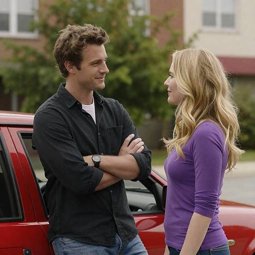 Couple Smiling Outdoors Beside Red Car