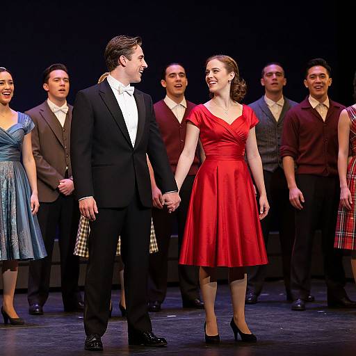 Photograph of a stage musical cast, featuring a smiling couple in a black suit and red dress holding hands, with other performers in varied 1940