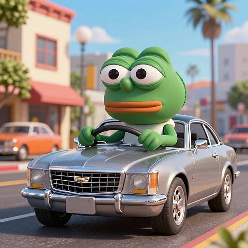 CGI image of a green cartoon frog with exaggerated eyes driving a silver classic car on a sunny street with palm trees.