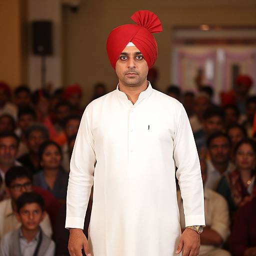 Photograph of a man with medium brown skin wearing a bright red turban and white traditional long kurta, standing in front of a blurred crowd in