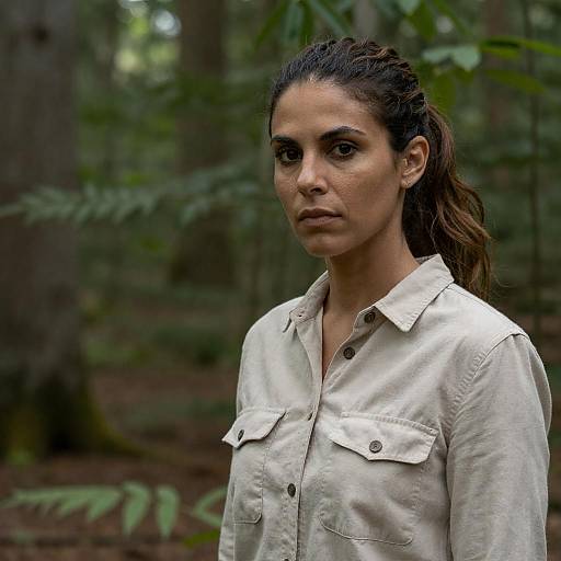Serious Woman in Forest Wearing Beige Shirt