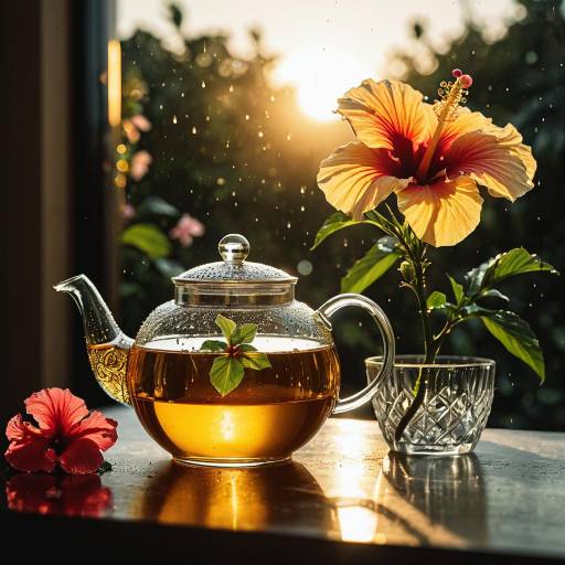 Elegant Teapot and Hibiscus Composition
