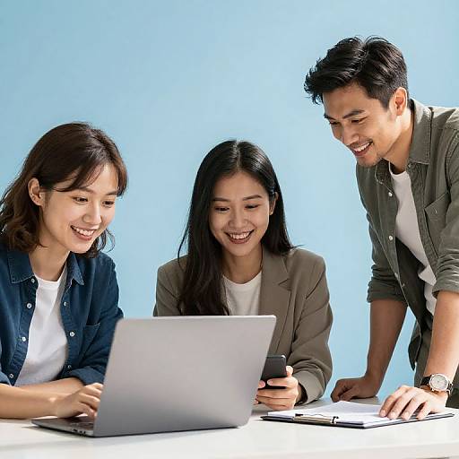 Three Asian colleagues, two women and one man, smiling at a laptop and smartphone on a white table against a blue background.