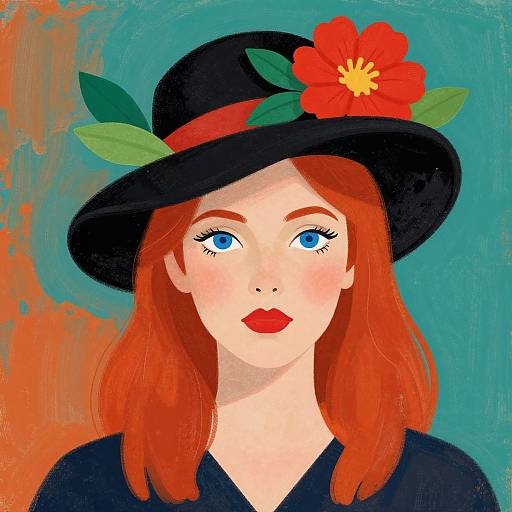 Digital painting of a fair-skinned red-haired woman with blue eyes, wearing a black hat with a red flower and green leaves, and a dark blue