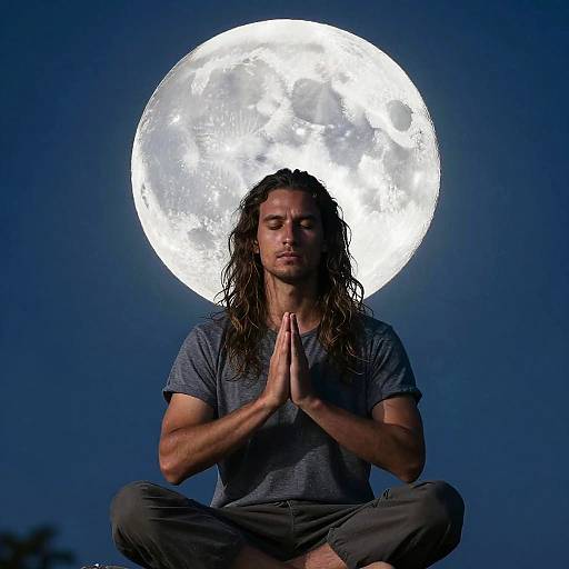 Photograph of a long-haired, brown-skinned man in a grey shirt and brown pants, meditating with hands in prayer, against a bright full