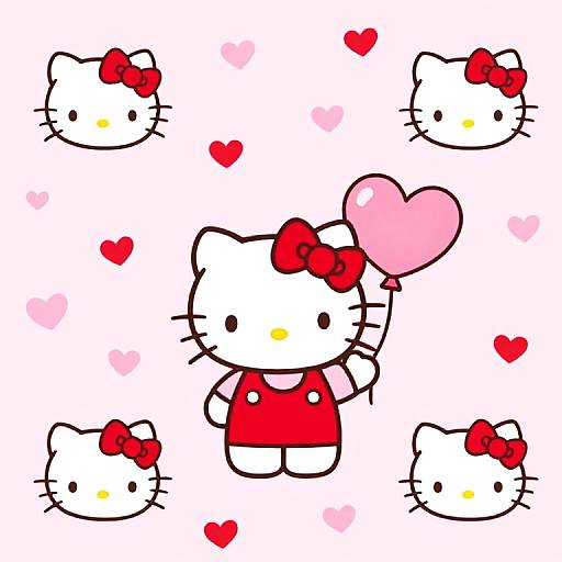 Digital illustration of five Hello Kitty characters with red bows, holding a pink heart, surrounded by red and pink hearts.