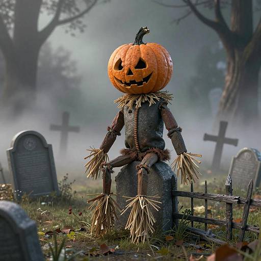 Whimsical Pumpkin-Headed Scarecrow Scene