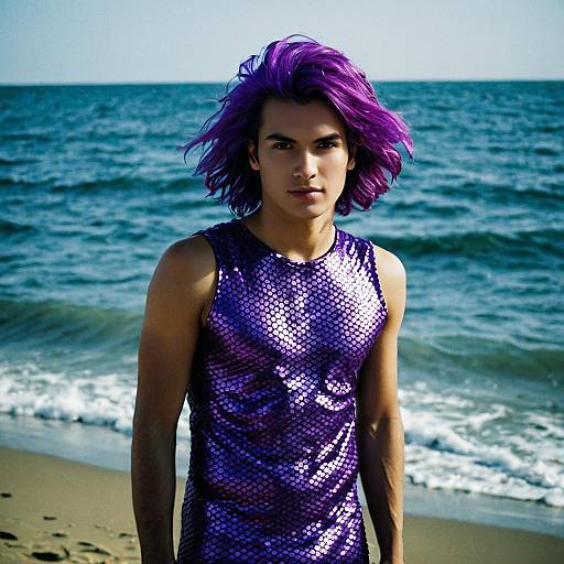 Realistic Male Mermaid Costume with Purple Hair