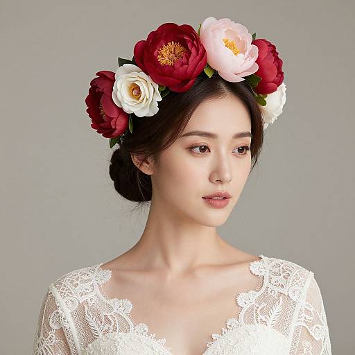 Photograph of an East Asian woman with fair skin, wearing a white lace dress and a floral crown with red, white, and pink peonies