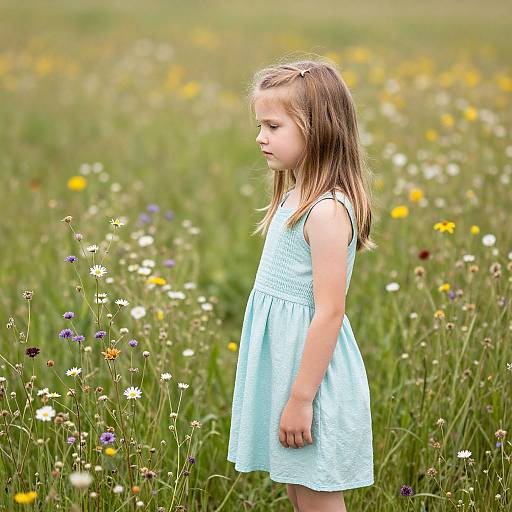Photograph of a young girl with light brown hair in a sleeveless light blue dress, standing in a vibrant meadow of yellow, white, and