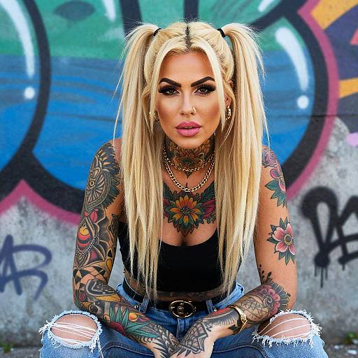 Tattooed blonde woman with pigtails, pink lipstick, black crop top, ripped jeans, and multiple tattoos, squatting against colorful graffiti