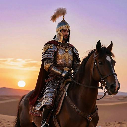 Photograph of a bearded warrior in ornate medieval armor with a plume helmet, riding a dark brown horse at sunset in a desert.