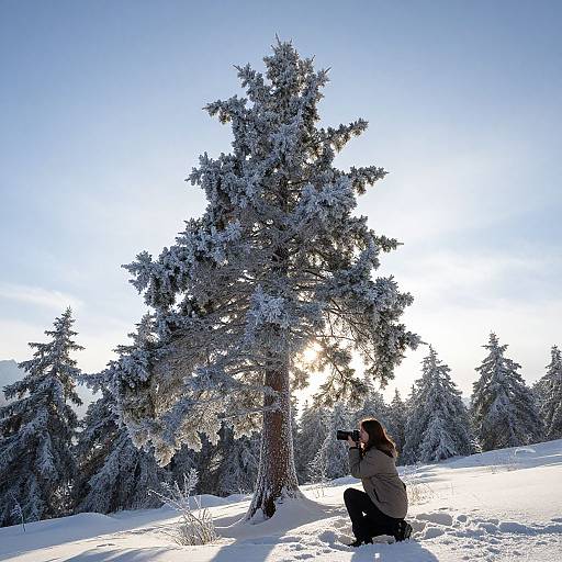 Photograph of a person in a gray jacket, kneeling in snowy landscape, taking a photo of a sunlit, snow-covered pine tree.