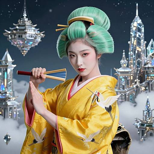 Digital artwork of a green-haired geisha in a yellow kimono with bird and wing patterns, playing a flute against a futuristic, illuminated cityscape background