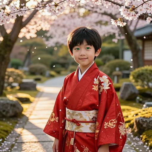 Photograph of a young Asian boy with black hair, green eyes, wearing a red floral kimono, standing in a cherry blossom garden pathway.