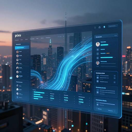 Digital display of a futuristic city skyline at dusk, featuring blue neon lines and interface elements, floating in front of skyscrapers. Image by CGI artist