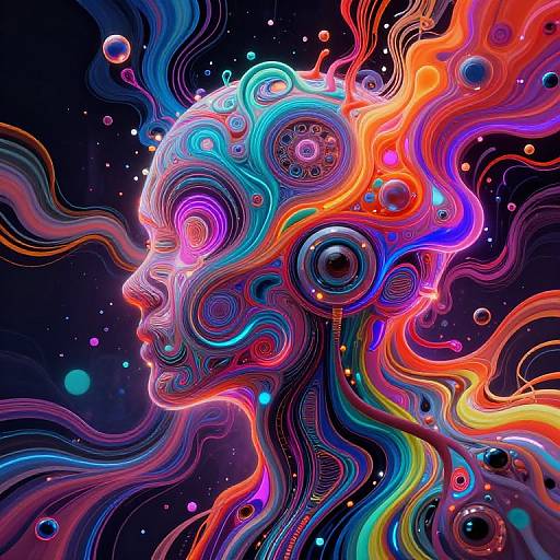 Vibrant, psychedelic digital art of a human head with colorful, swirling patterns, neon lights, and floating orbs against a dark space background.