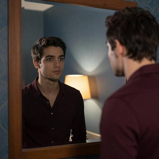 Young Man Gazing into Mirror Reflection