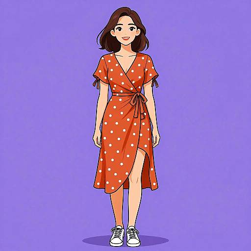 Digital illustration of a smiling woman with short brown hair, wearing a red polka dot dress with a side slit, tied at the waist, and white