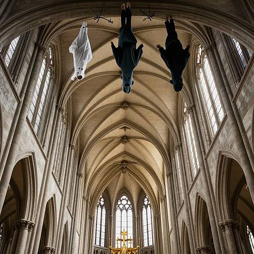 Photograph of a grand Gothic cathedral interior with soaring vaulted ceilings, tall arched windows, and three hanging black and white statues.