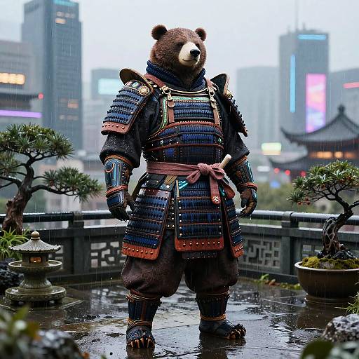 Elder Cyber-Samurai Bear Rooftop Zen Garden
