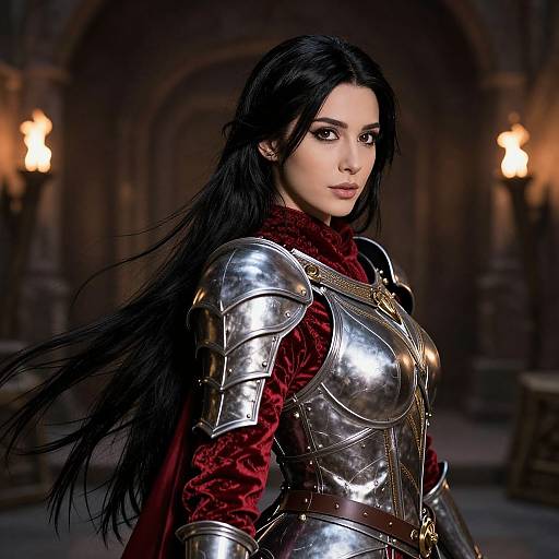 Photorealistic digital artwork of a dark-haired woman in shiny silver armor with red velvet lining, standing in a dimly lit, medieval-style hall with