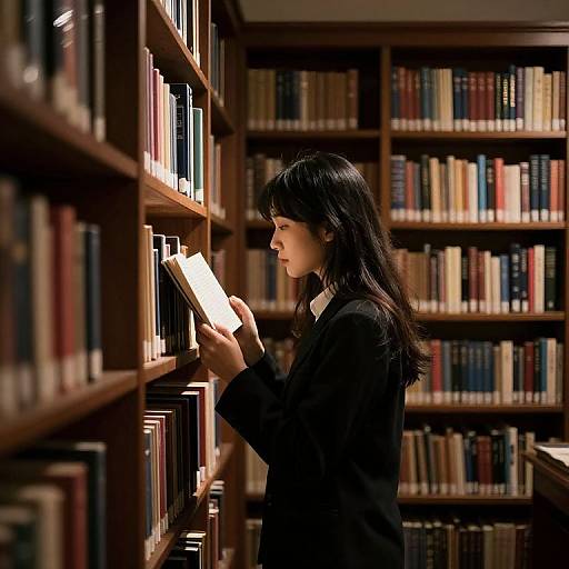 Photograph of a young Asian woman with long black hair, wearing a black blazer, standing in a dimly lit library, browsing books on wooden
