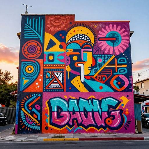 Vibrant graffiti mural on a building, featuring bold, colorful geometric patterns and abstract shapes in orange, blue, pink, and yellow. 
