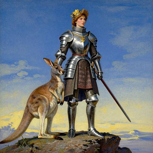 Medieval knight in shiny armor with crown, holding sword, stands on rock with kangaroo under bright blue sky. Digital painting.