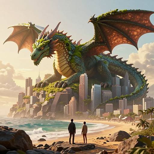 Digital artwork of a giant green dragon with red wings towering over a coastal city, two people standing on a rocky beach, sunset lighting.