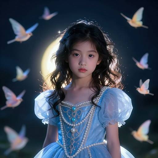 Photograph of an Asian girl with long black hair in a sparkling blue, puffed-sleeve dress, surrounded by glowing butterflies against a dark,