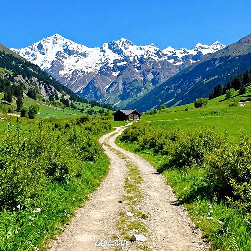 Photograph of a vibrant, green meadow with a winding gravel path leading to a small wooden cabin, set against a backdrop of towering, snow-c