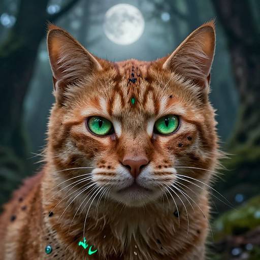 Photograph of a close-up, vividly detailed, orange tabby cat with striking green eyes, adorned with a green necklace, against a blurred forest