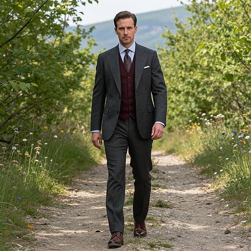 Photograph of a handsome man in a dark gray pinstripe suit, maroon vest, white shirt, and brown shoes walking down a sunlit