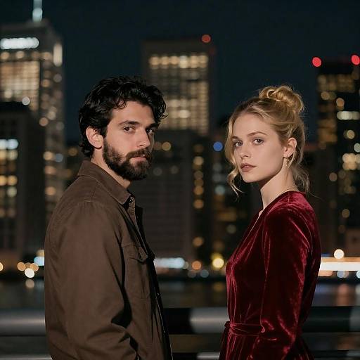 Couple Standing in Front of Nighttime Cityscape