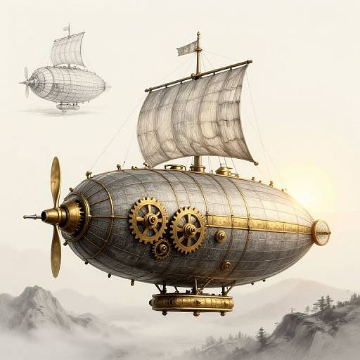 Photorealistic digital art of a steampunk airship with gold accents, large propeller, and two prominent gear wheels, flying over misty