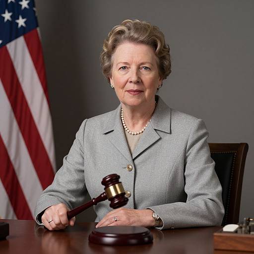 Photograph of an elderly white woman with short, curly gray hair, wearing a gray blazer and pearl necklace, holding a gavel at a wooden