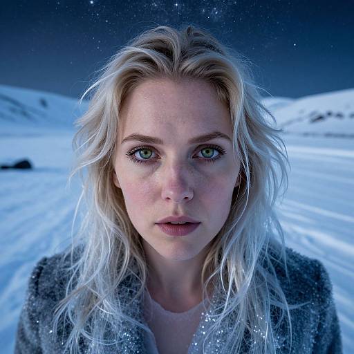 Photorealistic digital portrait of a blonde woman with green eyes, blue-tinted snow-laden hair, and intense gaze, standing in a snowy