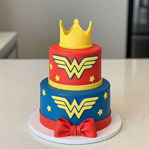 Photograph of a two-tiered cake with red and blue layers, yellow crown, yellow 