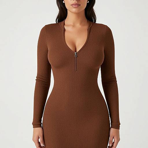Photograph of a woman with long dark hair, wearing a brown ribbed, long-sleeve, zip-up dress with a deep V-neck,