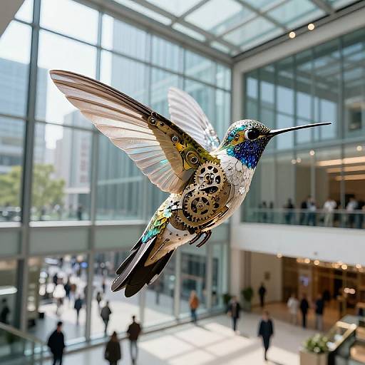 Photograph of a colorful, mechanical hummingbird with intricate gears and patterns, mid-flight in a modern, glass-enclosed atrium with blurred people