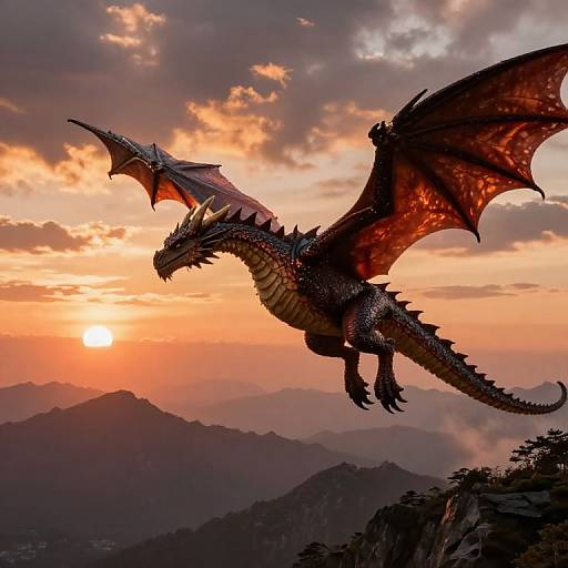 Photograph of a majestic, dark-scaled dragon with large red-orange wings soaring against a vibrant, orange-pink sunset over mountainous terrain.