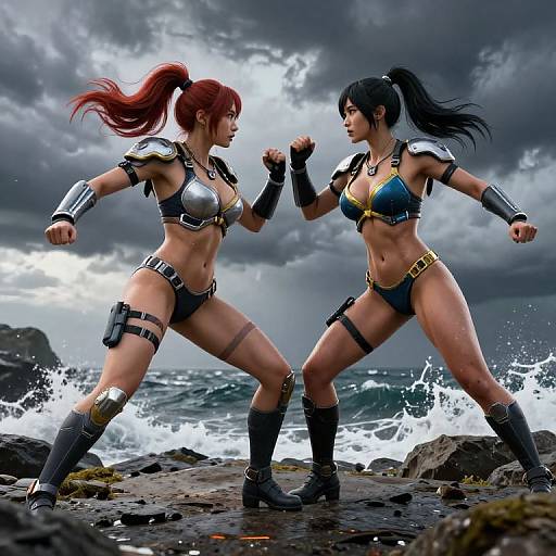 Digital artwork of two muscular, armored women in bikini tops and thigh straps, facing off on a rocky shore with waves crashing. Red-haired woman on left