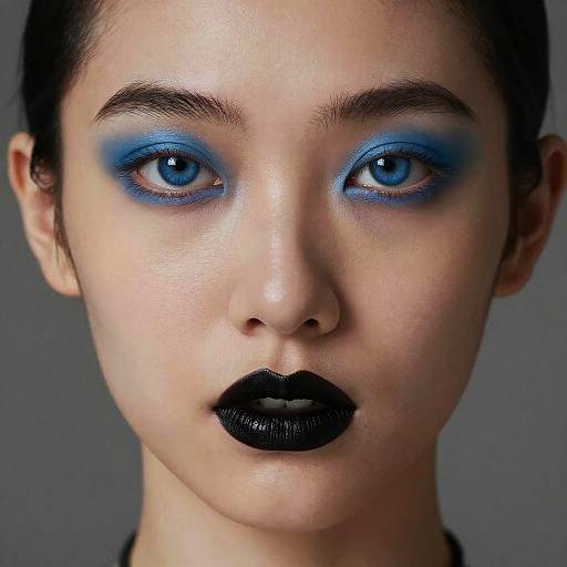 Close-up photograph of a woman with blue eyeshadow, black lipstick, blue eyes, and dark hair against a gray background.