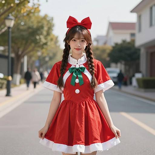 Young Asian Girl in Christmas Dress Outdoors