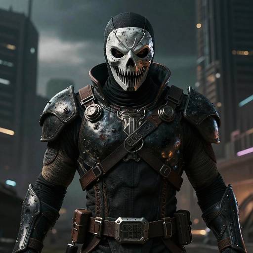 Digital artwork of a menacing, armored figure with a white skull mask, standing in a dark, neon-lit urban cityscape.