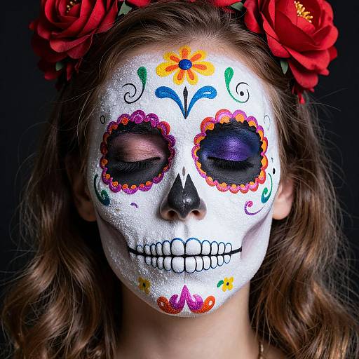 Photograph of a woman with white face paint, colorful sugar skull design, closed eyes, black eye sockets, red flower crown, dark background.