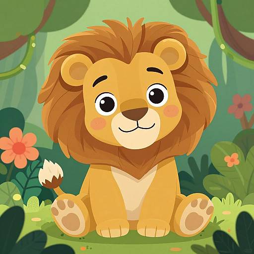 Cute cartoon lion with a brown mane, big black eyes, and pink cheeks sits in a vibrant, green jungle with colorful flowers. Digital illustration.