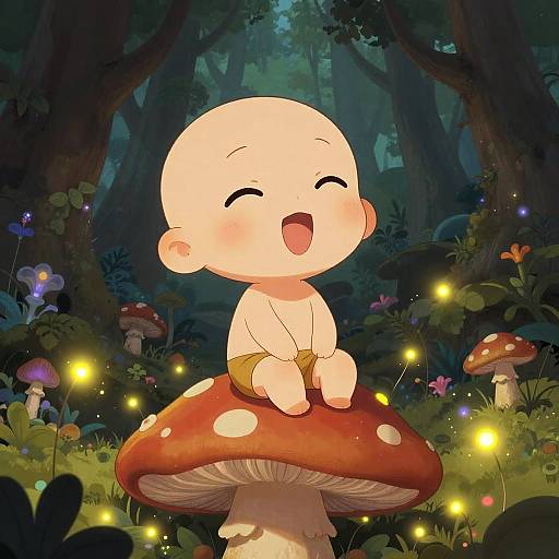 Chubby, bald, smiling baby with brown bracelet sits on large red mushroom in magical forest, surrounded by glowing fireflies and colorful flowers. Digital art