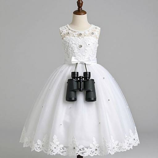 Photograph of a white lace sleeveless wedding dress with a full skirt, adorned with small sequins, and black binoculars attached at the waist